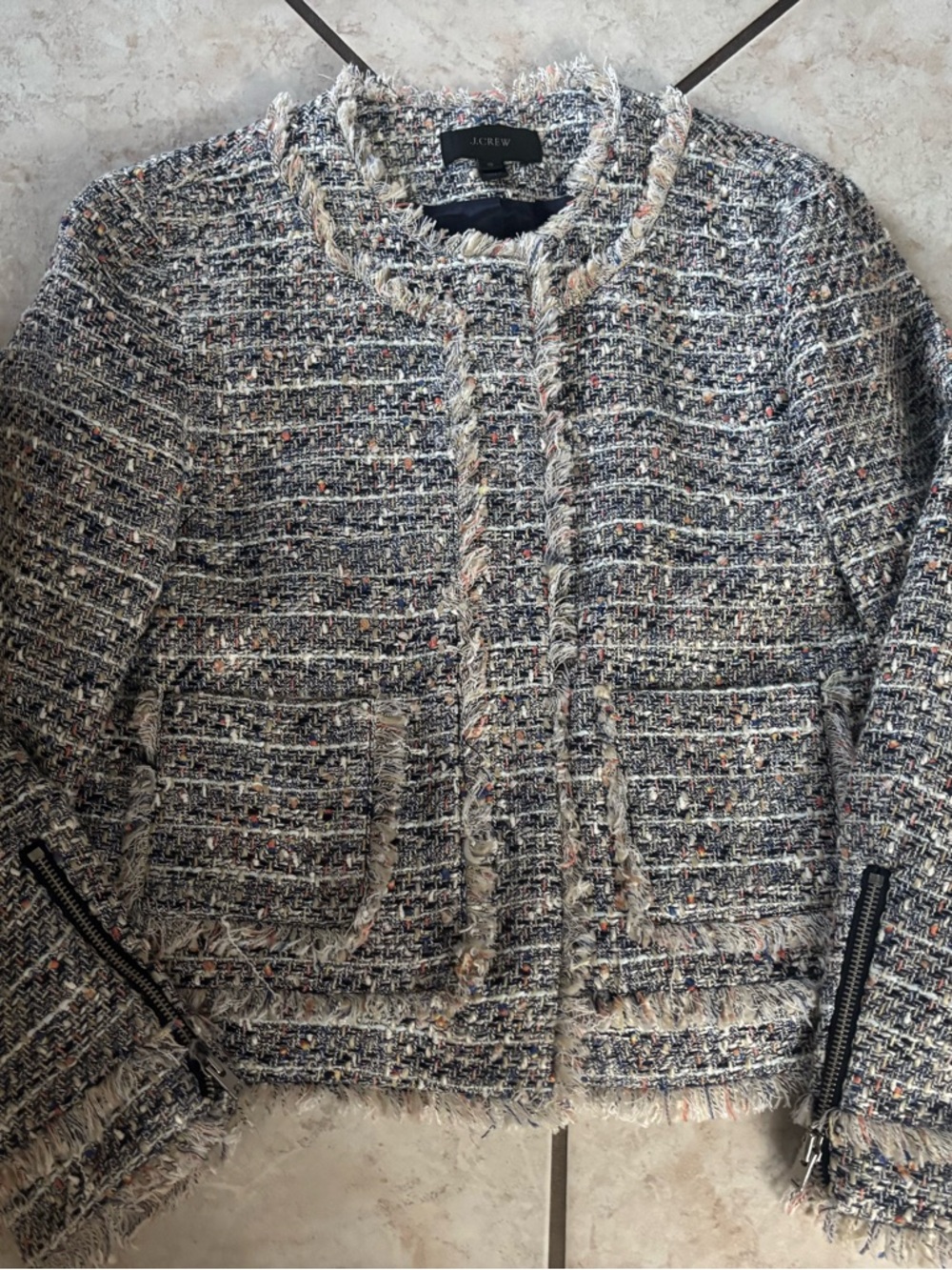 J. Crew Navy and Cream Tweed Fringe Jacket with Multicolor Flecks